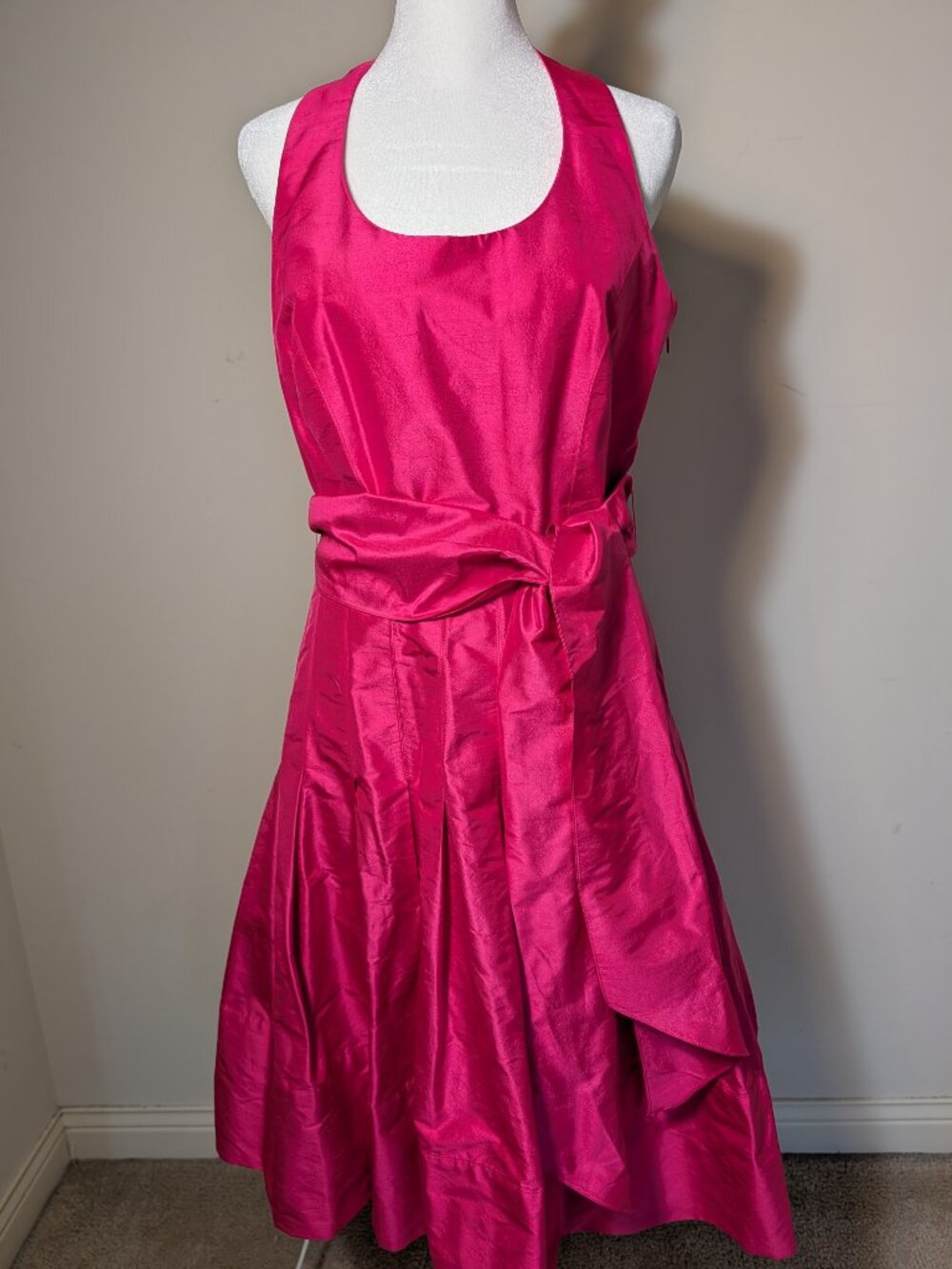 Sara Campbell Vintage 100% Silk Pleated Skirt Halter Midi Dress 10 Hot Pink